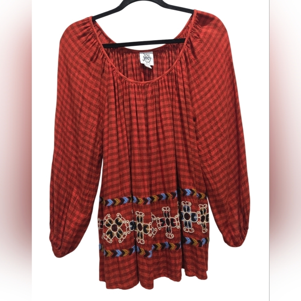 Ivy Jane Plaid Embroidered Bohemian Peasant Blouse, Medium